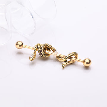 Detail View 1 of Golden Antique Serpent Snake Sparkle Steel Industrial Barbell-Clear Gem